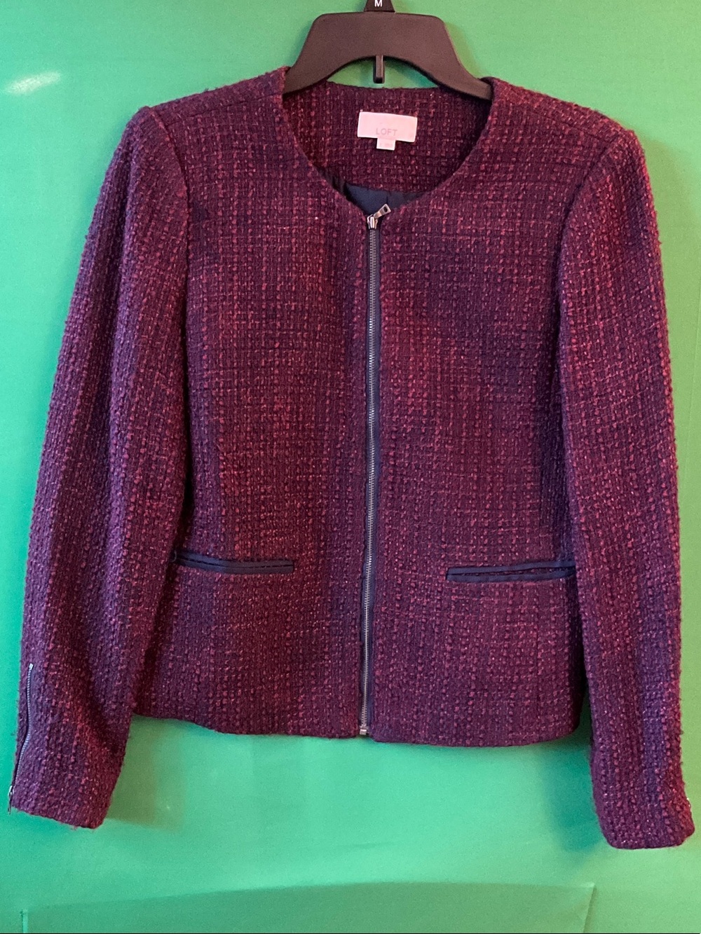 LOFT Plum & Navy Tweed Zip Jacket